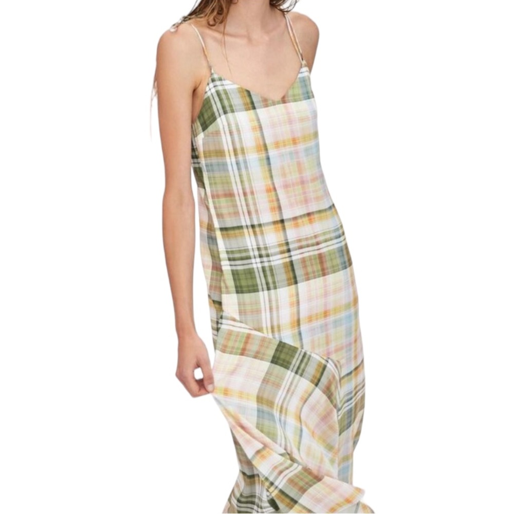 Zara TRF Pink, Green, Cream Plaid Check Satin Midi Maxi sun dress - Picture 4 of 13